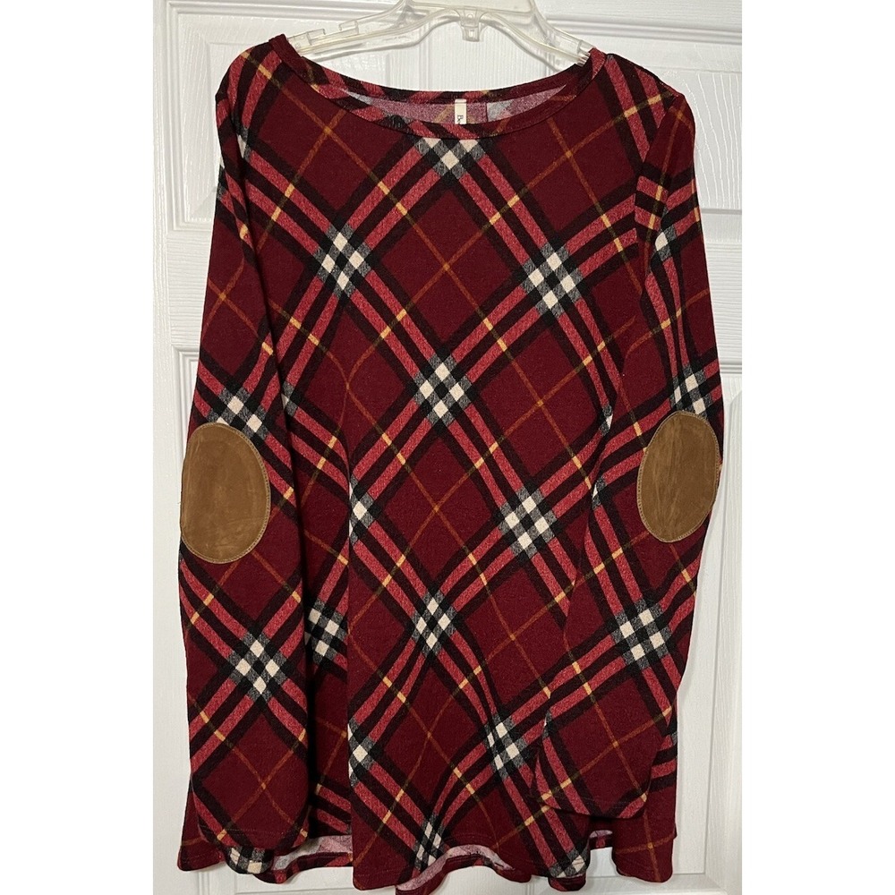 Beeson River Plus 2X Dark Red Plaid‎ With Suede Elbow Patches Button Back Detail